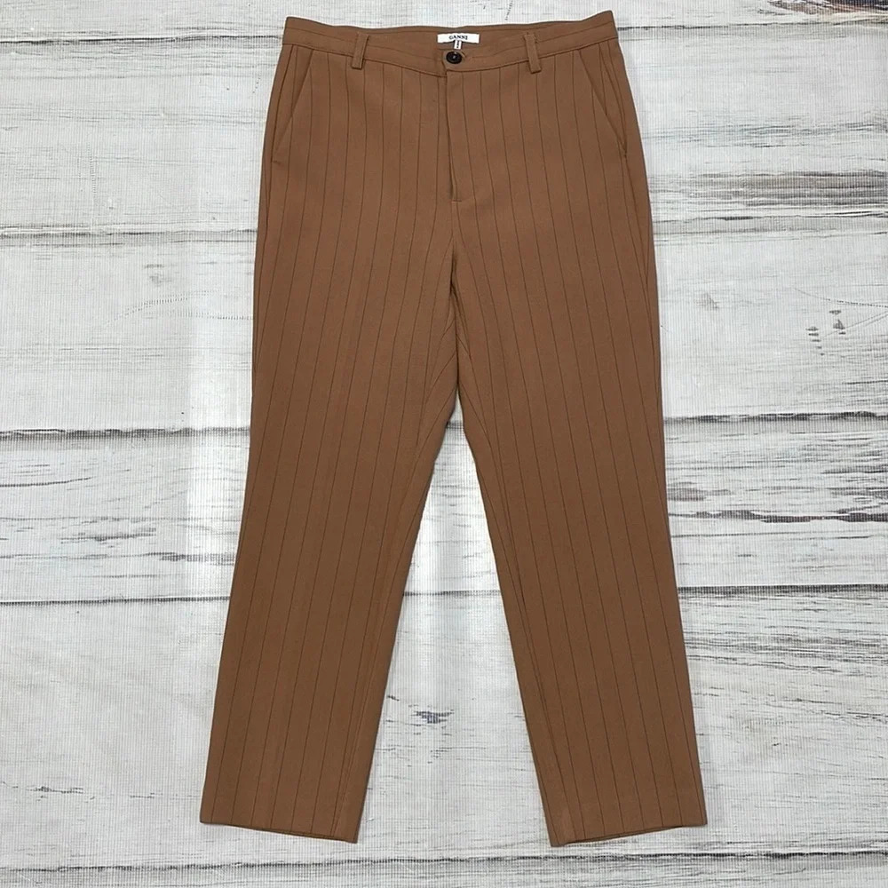 Ganni Pants Cropped Tan Black Striped Size X-Small XS - Picture 3 of 11
